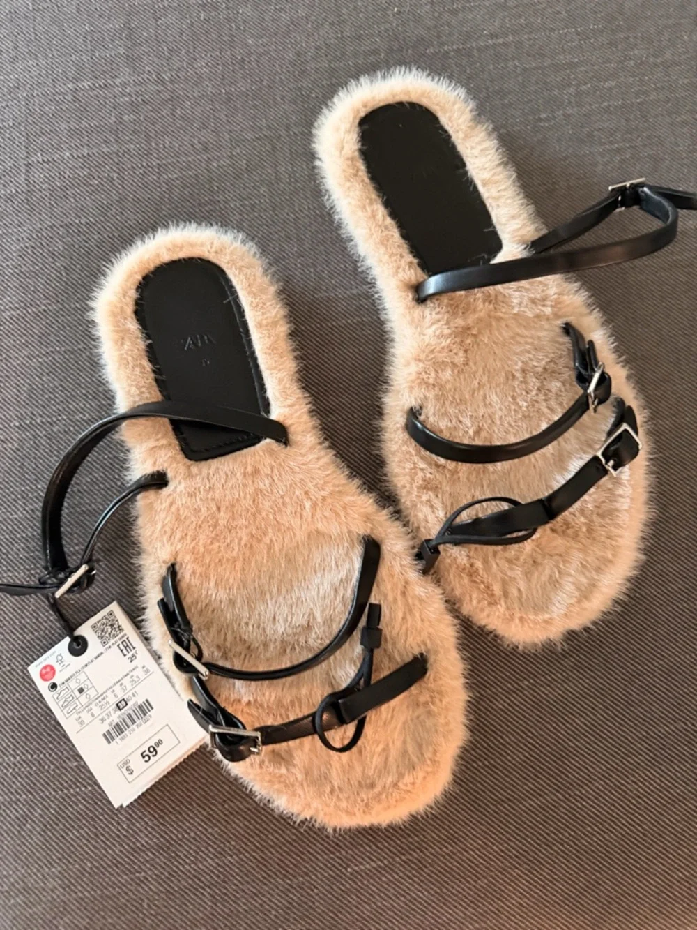 Zara Black Strappy Sandals with Cream Shearling Footbed size 39 - Picture 5 of 8
